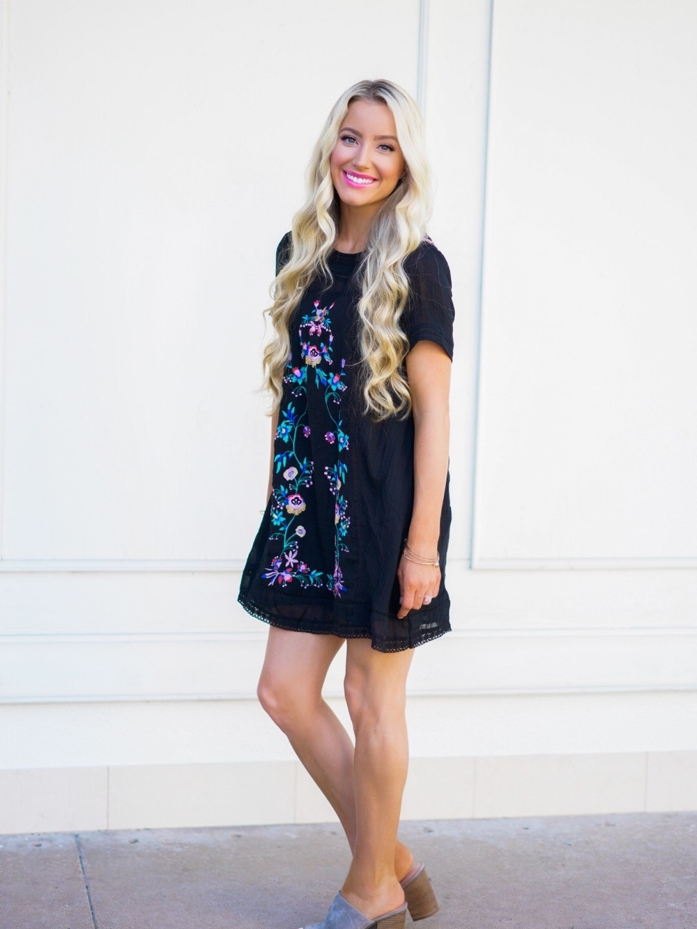 Umgee Black Mini Dress with Floral Embroidery
